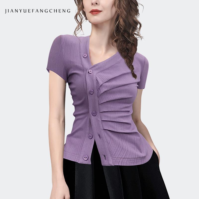 Women' Knits & Tees Sexy Skinny 2022 Summer Women Short Sleeve Purple Knitted Cardigans Skew V-Neck Causal Outwear Thin Sweater Pleated Kni
Women' Knits & Tees Sexy Skinny 2022 Summer Women Short Sleeve Purple Knitted Cardigans Skew V-Neck Causal Outwear Thin Sweater Pleated Kni