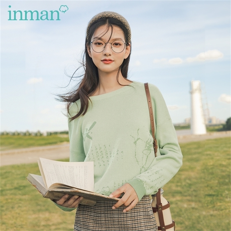 INMAN Autumn Winter Arrival Chinese Style Contrast Color Jacquard Hand-painted Rib Long Sleeve Pullover Sweater 201225
