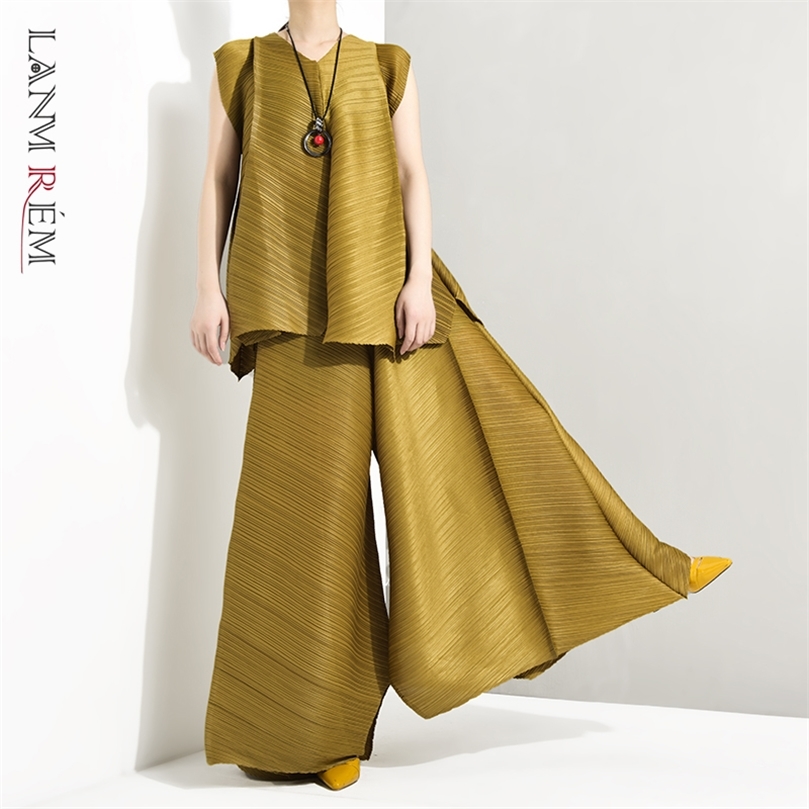 LANMREM Summer Fashion Temperament Women Loose Plus Casual Pleated Sleeveless Vest Loose Wide Leg Pants Suit TC194 210302