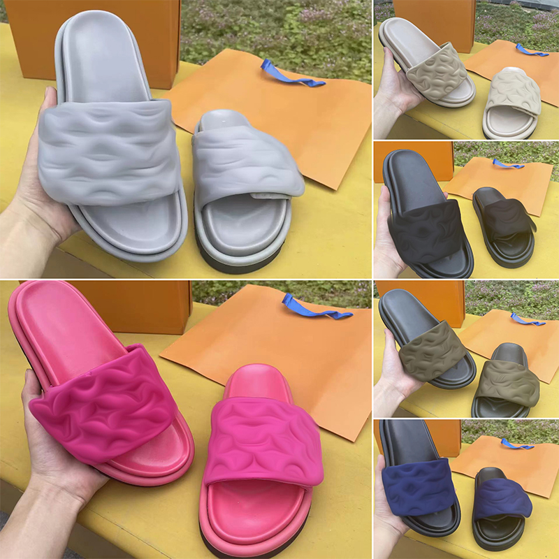 Women Velcro Slipper Men Smooth Calfskin Embossed Letter Mules POOL PILLOW COMFORT frosted Flat Sandals classic Simple Rubber Sole nylon print Wi