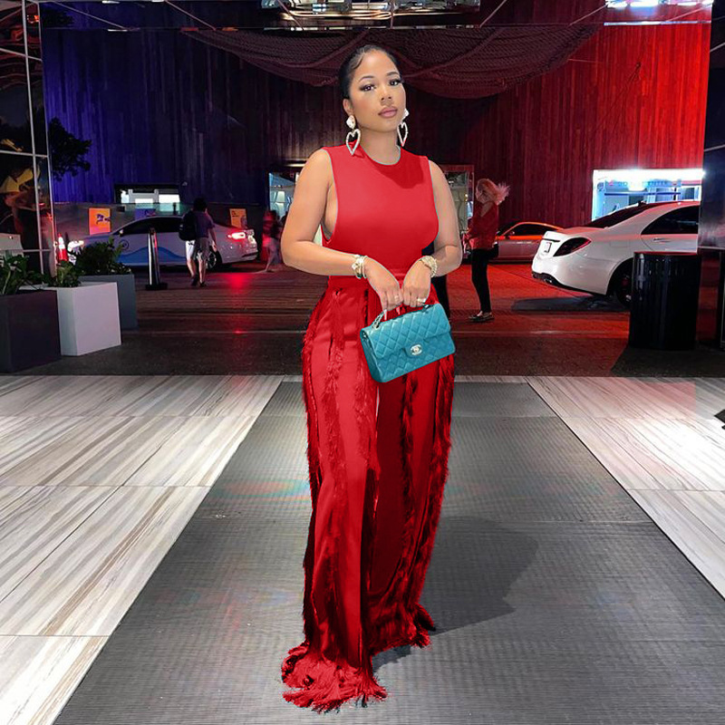 est Charming Women Party Sets Fashion Tassels Wide Leg Pants Two Pieces Suits Sexy Sleeveless Skinny Tops Clubwear 220602