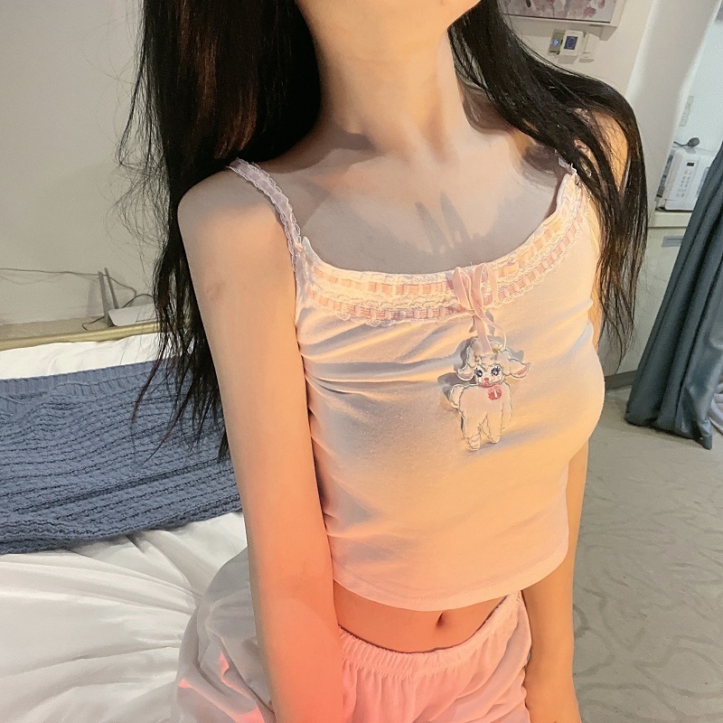 Cotton Crop Top Women Summer Double Shoulder Straps Design Cute Lamb Pattern Ribbon Lace Trim Sweet Tops for Kawaii Girls 220325
