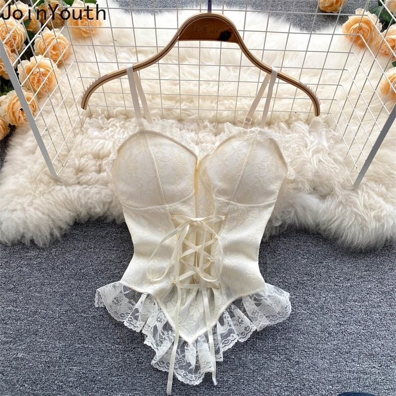Y2k Blouses Sexy Crop Tops Women Corset Lace Bandage T-shirt Camisole Woman Lace-up Sling Tank Top Fashion Sleeveless Waistcoat 220318, White