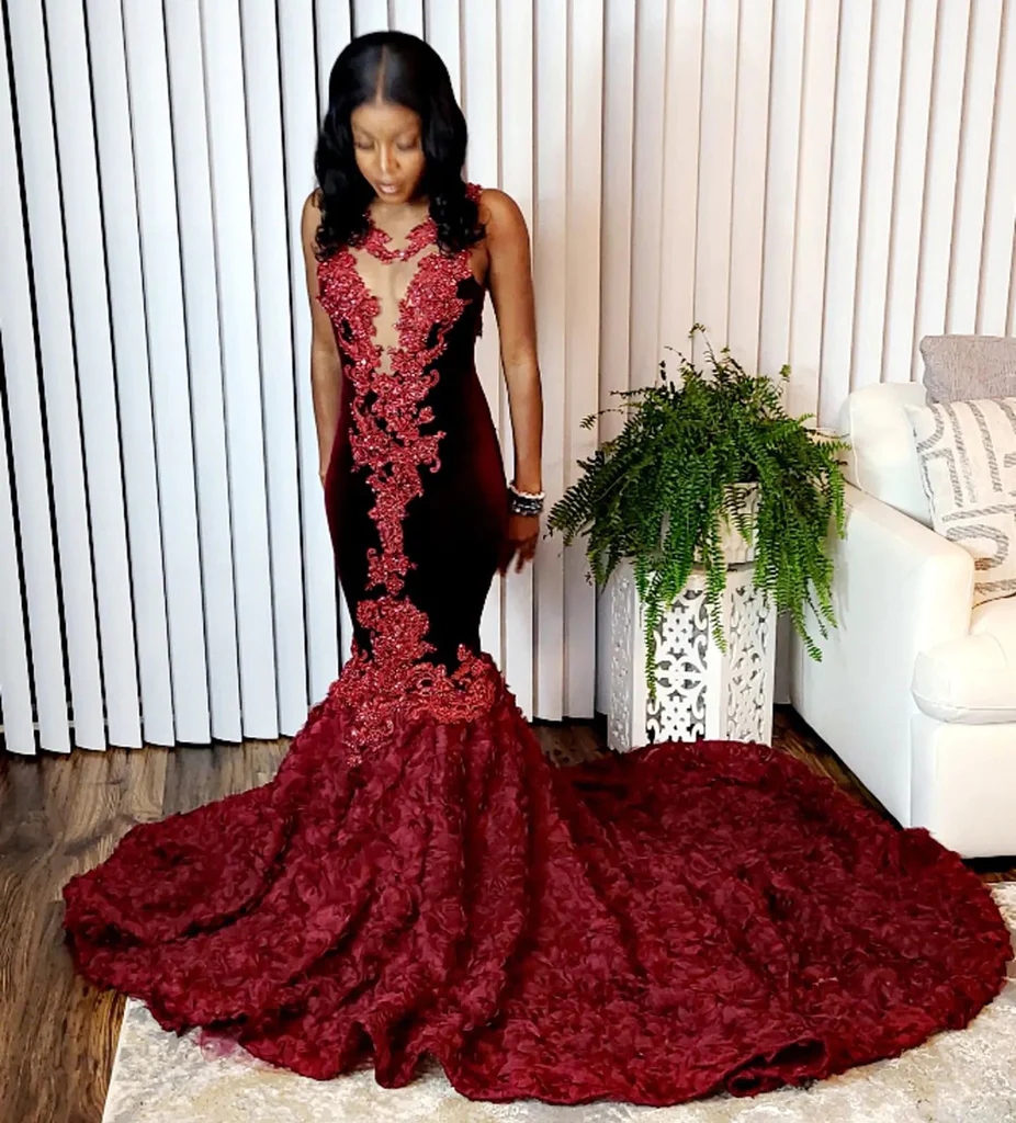 Plus Size Burgundy Prom Dress 2022 For Black Girl Bottom Rose Florals O Neck Sleeveless Mermaid Evening Dresses Open Back Formal African Party Wear Go