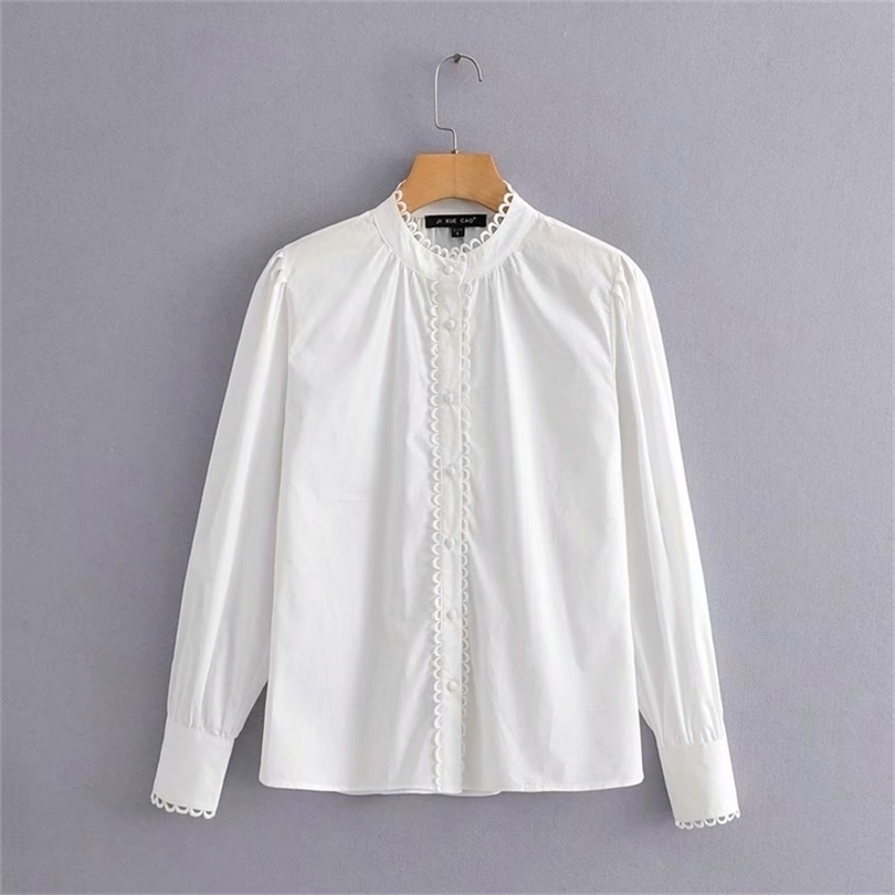 women elegant lace wave edge decprate white blouse shirts women stand collar office blusas chic autumn feminina tops LS4246 T200322