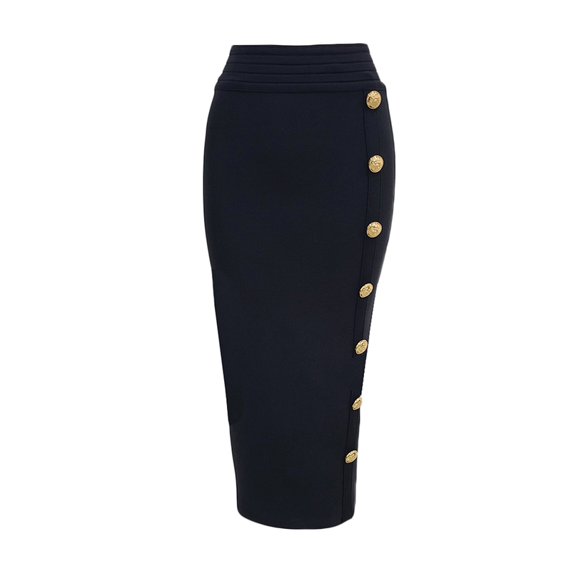 Summer Elegant Midi Pencil Skirt High Waist Bandgae Black Elastic Bandage s Button Women Clothes 220317