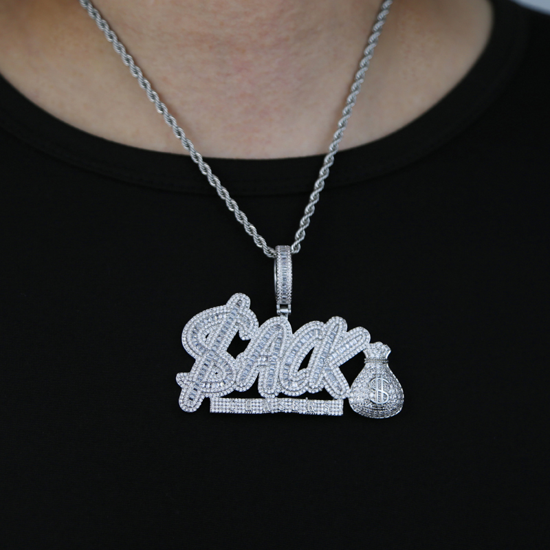 Iced Out Money Bag CZ Letter ACK Pendant Necklaces for Men Women Bling Cubic Zirconia Paved Charm Rapper Hip Hop Jewelry