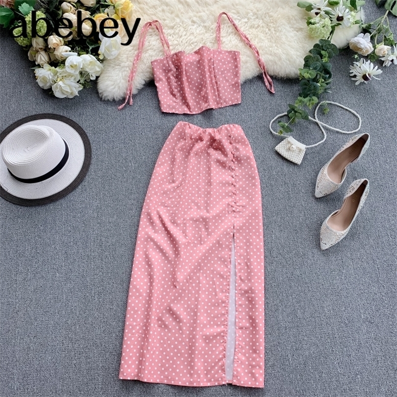 New Women Beach 2 Piece Sets Summer Spaghetti Strap Ctop Tops Slim Skirt Dot Printed Suits Woman Sweatsuit Pink Outfit Clothes