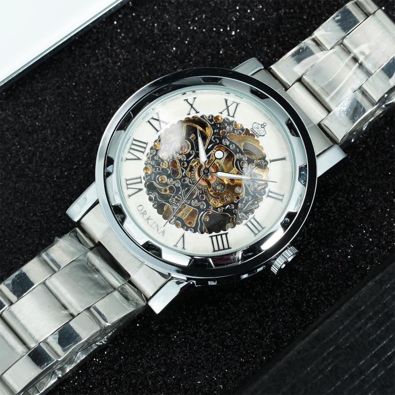 Wristwatches Fashion Transparent Luminous Hands Gear Movement Royal Men Watch Top Mechanical Skeleton Watches Steel Strap Clock, Box silver white 
Wristwatches Fashion Transparent Luminous Hands Gear Movement Royal Men Watch Top Mechanical Skeleton Watches Steel Strap Clock, Box silver white
