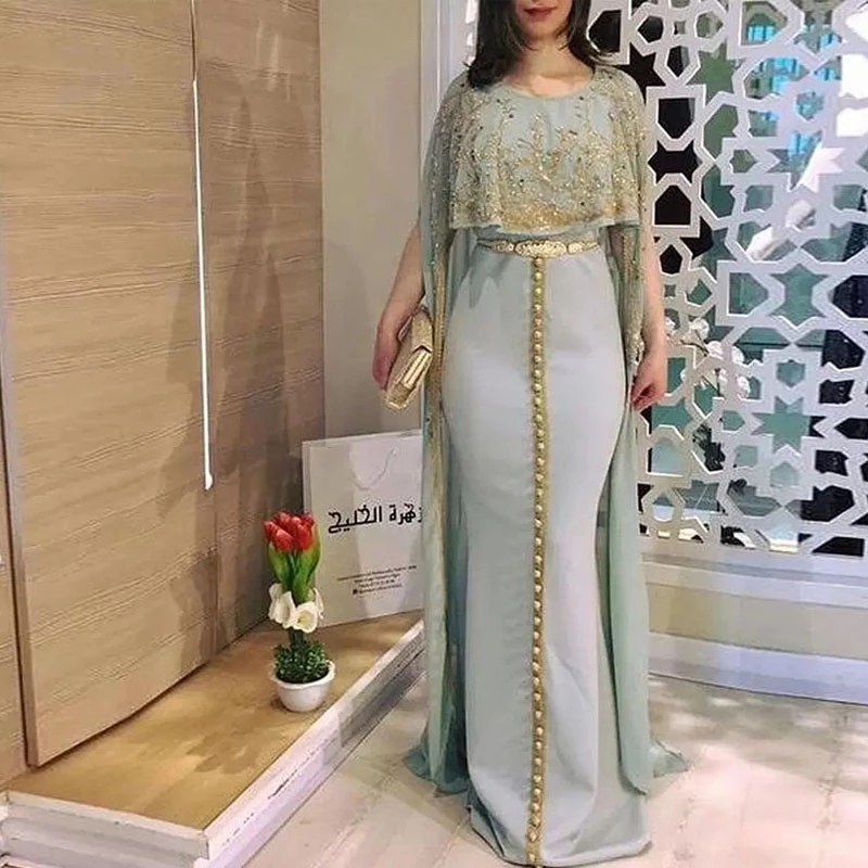 Light Blue Chiffon Moroccan Kaftan Evening Dresses With Cape Mermaid Formal Event Gowns Gold Appliques Crystals Beaded Prom Wear For Arabic Dubai 6660