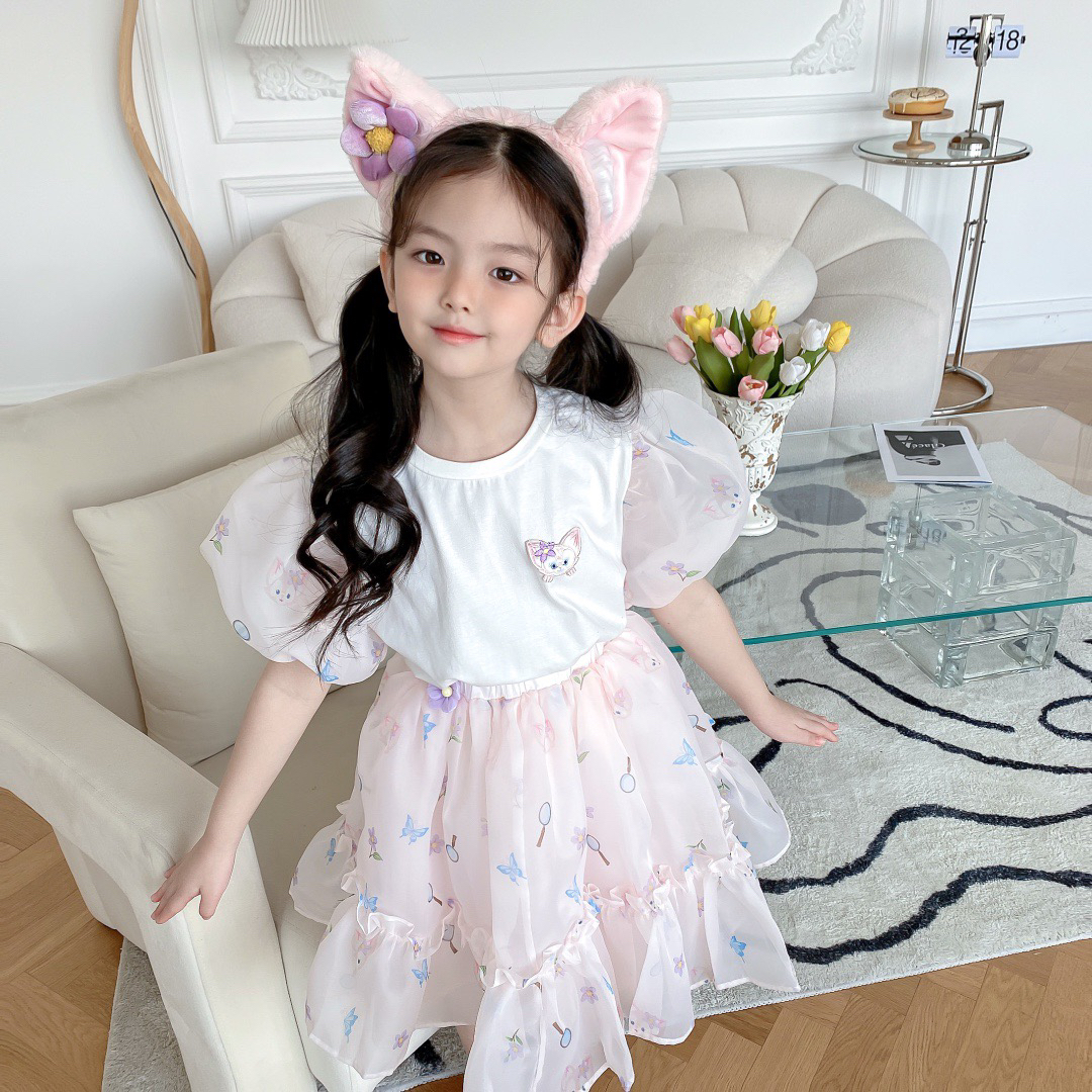 Childrens Party Clothes Girls Cotton T-Shirt Lace Skirt Set - Cute Pink Outfit for Kids y250607FNMD