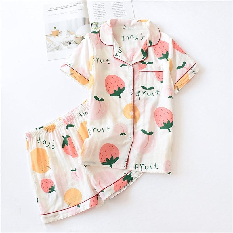 Cotton Thin Pajamas Ladies Summer Shortsleeved Shorts Home Costumes Nightwear Printed Fresh Loose Suit Ropa De Dormir Mujer T200429
