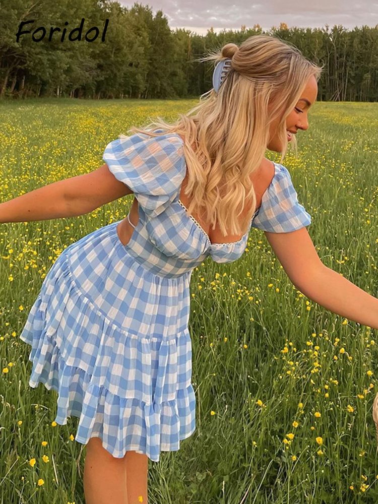 Foridol Lace Up Backless Gingham Chiffon Summer Dress Vintage A-line Puff Sleeve Plaid Short Dress Chic Blue Holiday Dress 220511