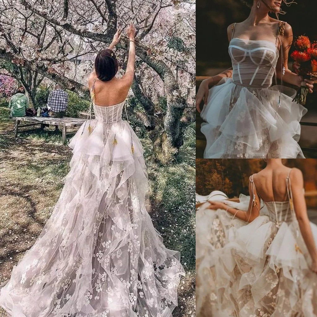 Bohemian Wedding Dresses Lace Appliqued Bridal Gowns A Line Sweep Train Tulle robe de mariee