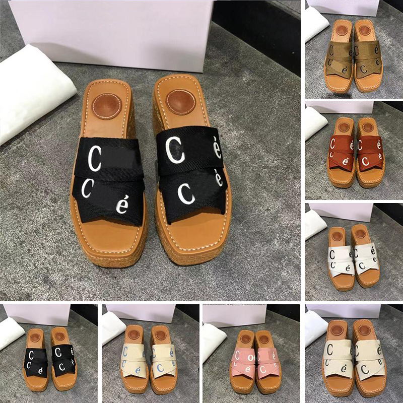 

Women Designer Sandals Woody Espadrille Platform Wedge Mules Canvas Slides Slipper Thong Slingback Square Toe Eur35-42, Without box