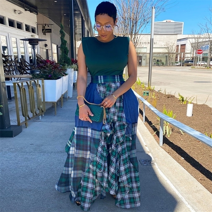Plaid Checkered Tie Dye Patchwork Pleated Skirt Women Vintage High Waist Ruched Maxi Summer Female Floor Length s 220317