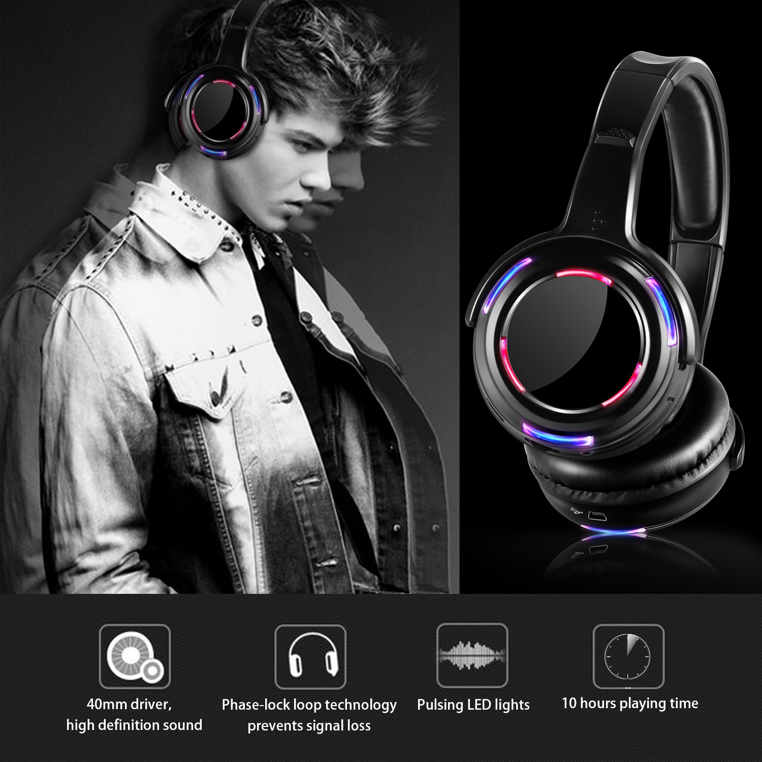 RF Silent Disco Equipment Led Flashing Wireless headphones 200m distance Bundle Including 10 Headphones and 1 Transmitters