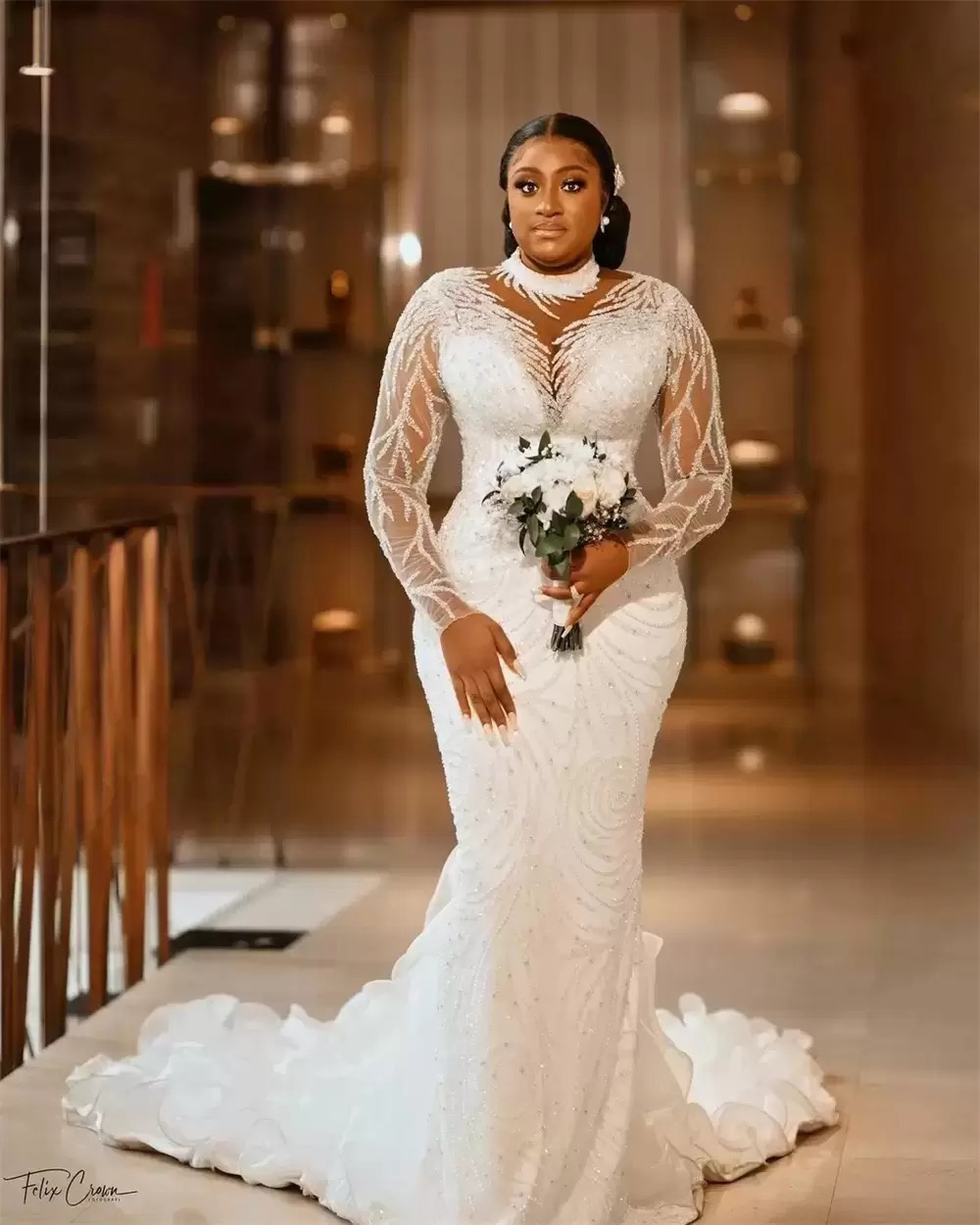 New Plus Size Arabic Aso Ebi Sheer Neck Mermaid Wedding Dress Long Sleeves Sexy Bridal Gowns Dresses