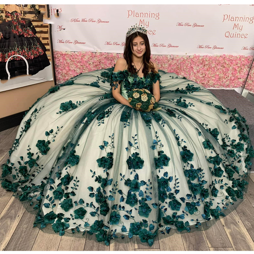 3D Floral Appliques Dark Green Quinceanera Dresses Luxury Flowers Ball Gown Prom Party Sweet 16 Dresses For Junior Off Shoulder Princess vestido de 15