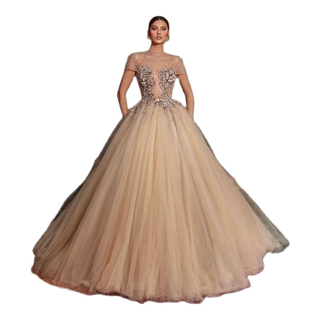 Champagne Prom Dresses V Neck Lace Applqiues Transparent Cap Sleeve High Neck Portrait Shoulder A Line High Waist Evening Formal Dresses Graduation Gi