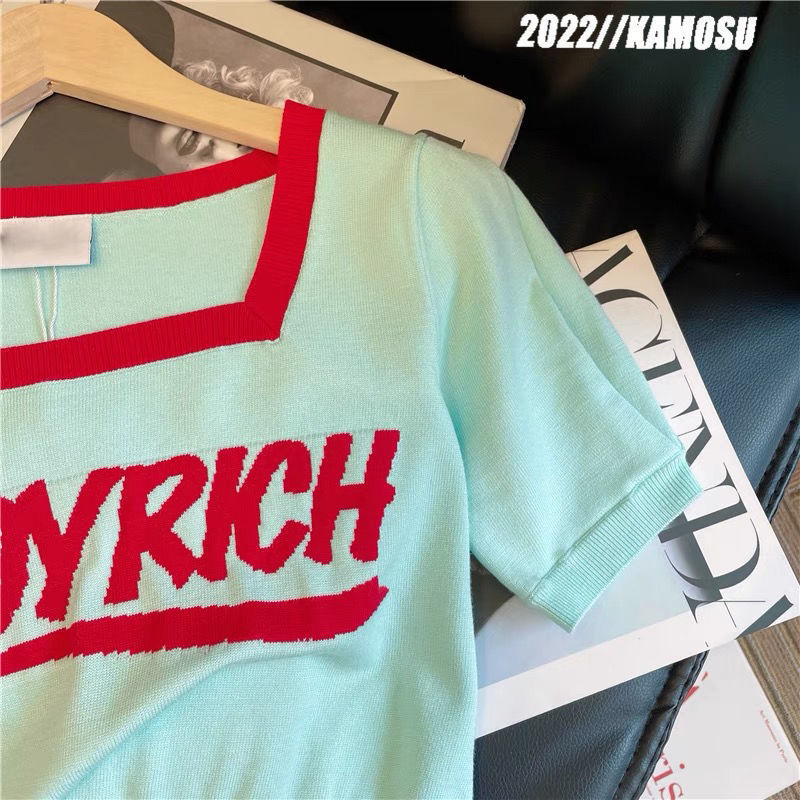 New womens square collar letter print knitted short sleeve sweater top plus size SMLXLXXL