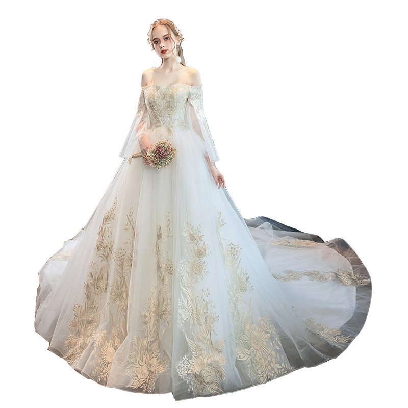 Elegant Wedding Dresse A-Line Strapless Long Sleeve Gold Applique Sweep Train Organza Lace Custom Made Pearl Vestidos De Novia Real picture