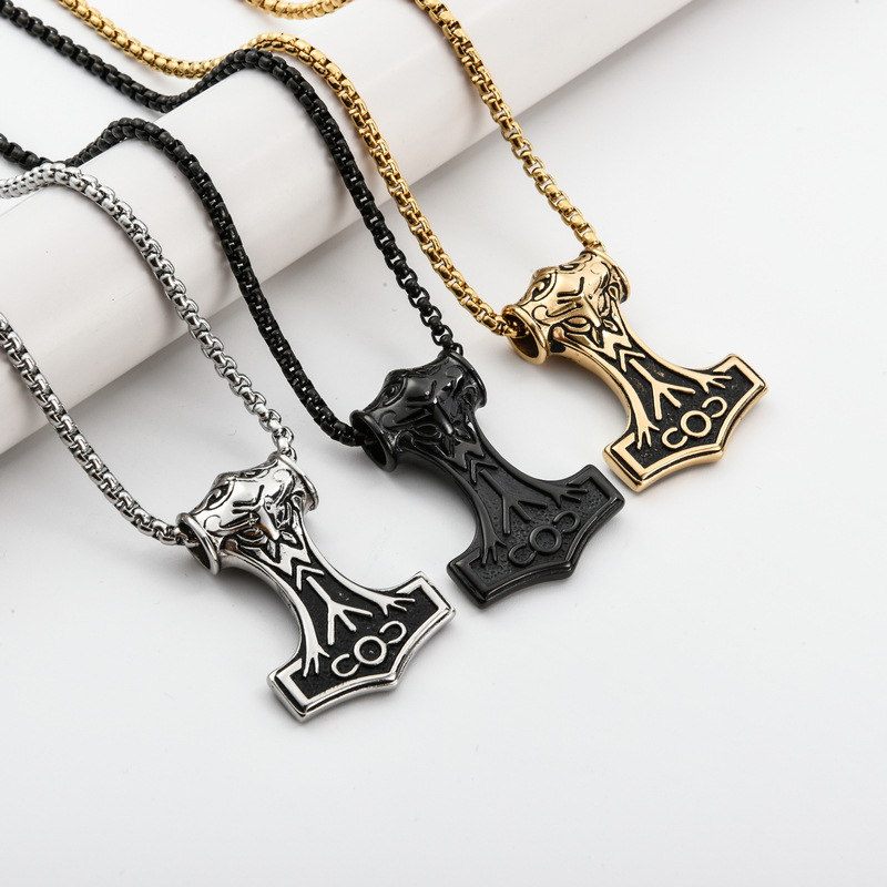 Classic Design Viking Men Carving Hammer Pendant Necklace Antique Stainless Steel Jewelry for Gift