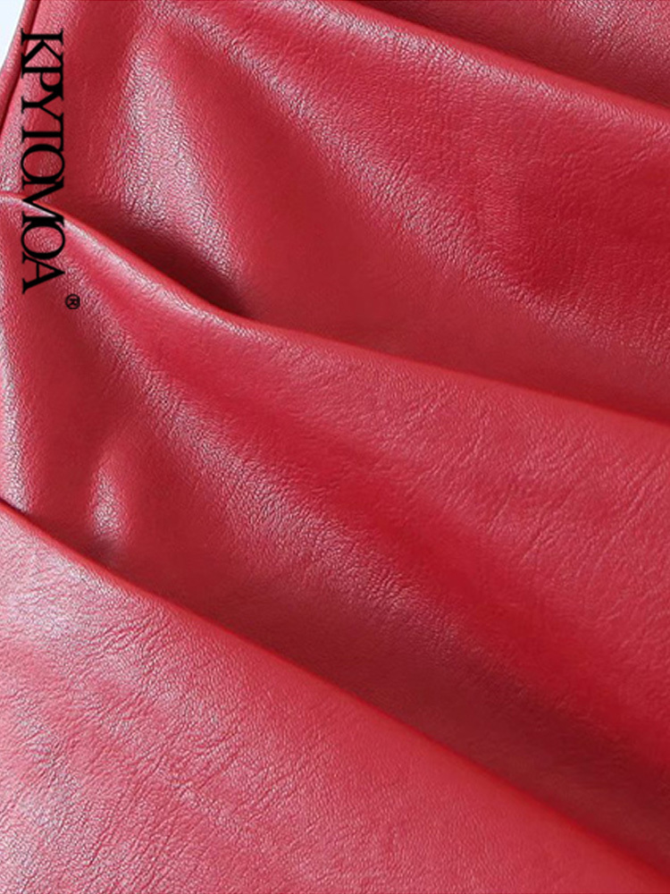 KPYTOMOA Women Chic Fashion Faux Leather Pleated Asymmetrical Mini Skirt Vintage High Waist Back Zipper Female Skirts Mujer 220317