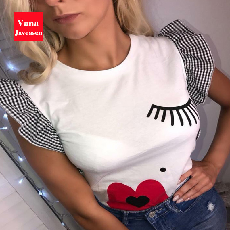 Vana Javeasen Women Ruffle Fashion T-Shirt Eyelashes Red Lips Print Tees O-Neck Butterfly Sleeve Woman's Clothes Simple Tops 220411