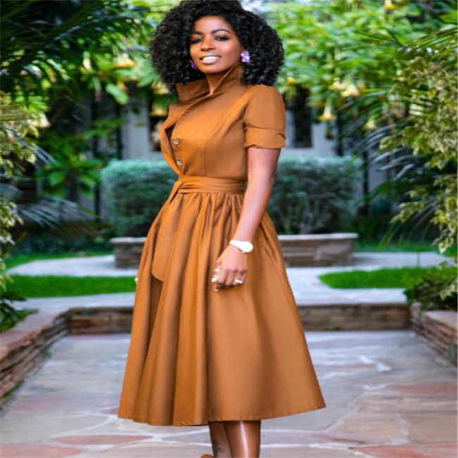 New Style Casual Dresses Fall Autumn Mid-Calf High Waist Shirt Dress Big Plus Size Geometric Printed Elegant Office Ladies Tunic Pleated Midi