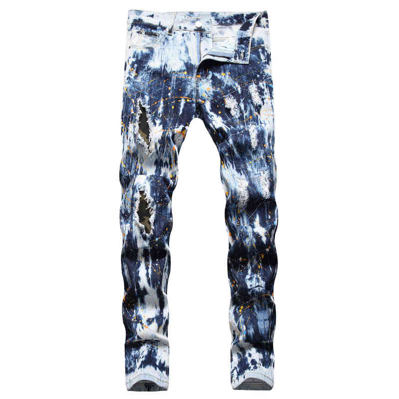 2022 Men's Blue Hole Hand Tie Drift Decorative Flower Color Splash Ink Patch Camouflage Cloth Small Straight-Leg Jeans G220415