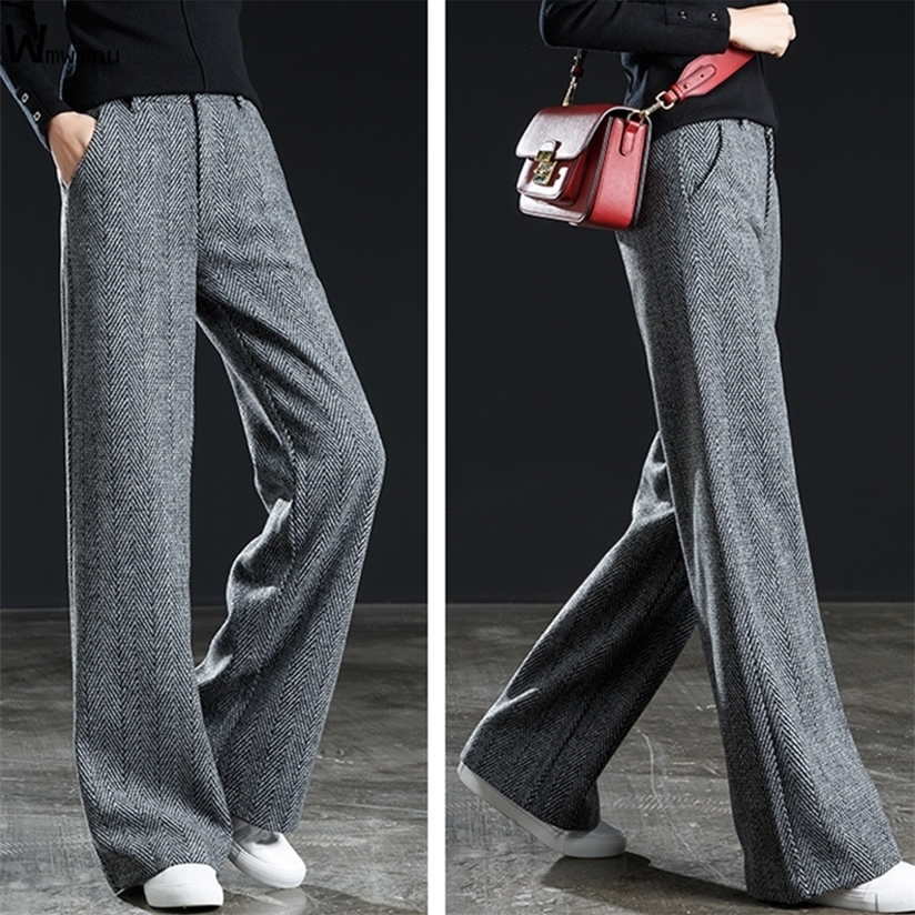 Autumn Office Lady Solid Pants Female Loose Woolen Wide Leg For Women Casual Plus Size 4XL High Waist baggy Trousers 220325