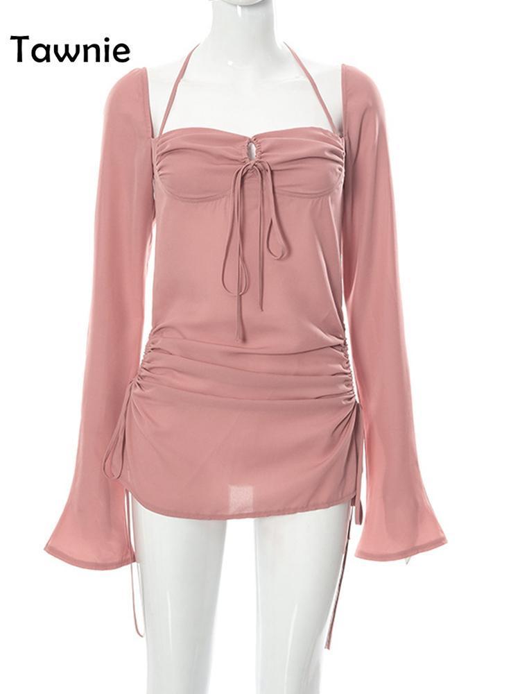 Tawnie 2022 Spring Elegant Cut Out Halter Bodycon Mini Dress Women Sexy Flare Long Sleeve Drawstring Backless Party Dresses 220317