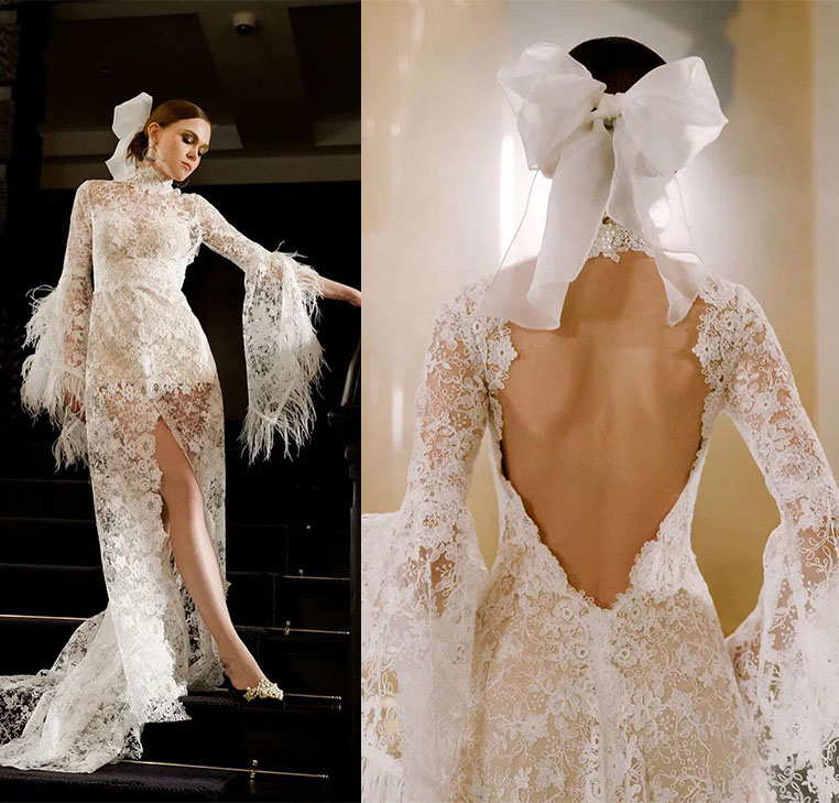 High Neck Lace Wedding Dresses Side Split Backless Bridal Gown Trumpet Sleeve Feather Beach Custom Made Robe de mariee