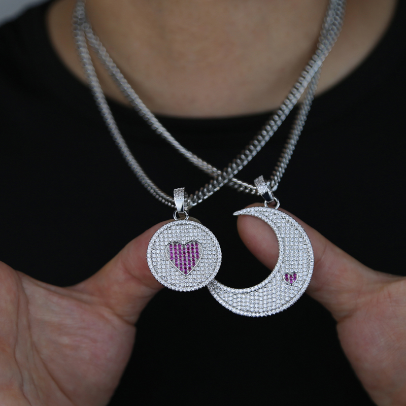 Men Women Hip Hop Moon Pendant 4.5mm Cuban Link Chain Iced Out Bling 5A CZ Paved Necklaces Fashion Lovely Heart Charm Jewelry