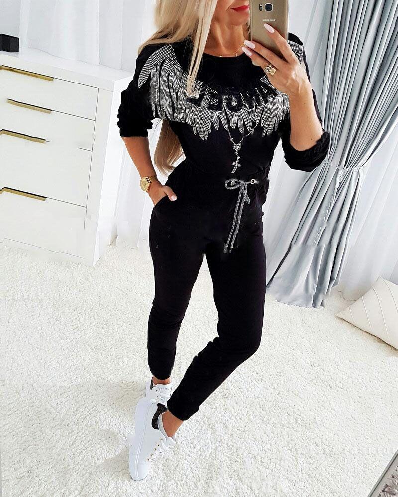 Women' Two Piece Pants Two-piece Set Women Casual Drilling O-neck Letter Printing Pullover Tops Drawstring Ankle-length Trousers Suit, Black
Women' Two Piece Pants Two-piece Set Women Casual Drilling O-neck Letter Printing Pullover Tops Drawstring Ankle-length Trousers Suit, Black