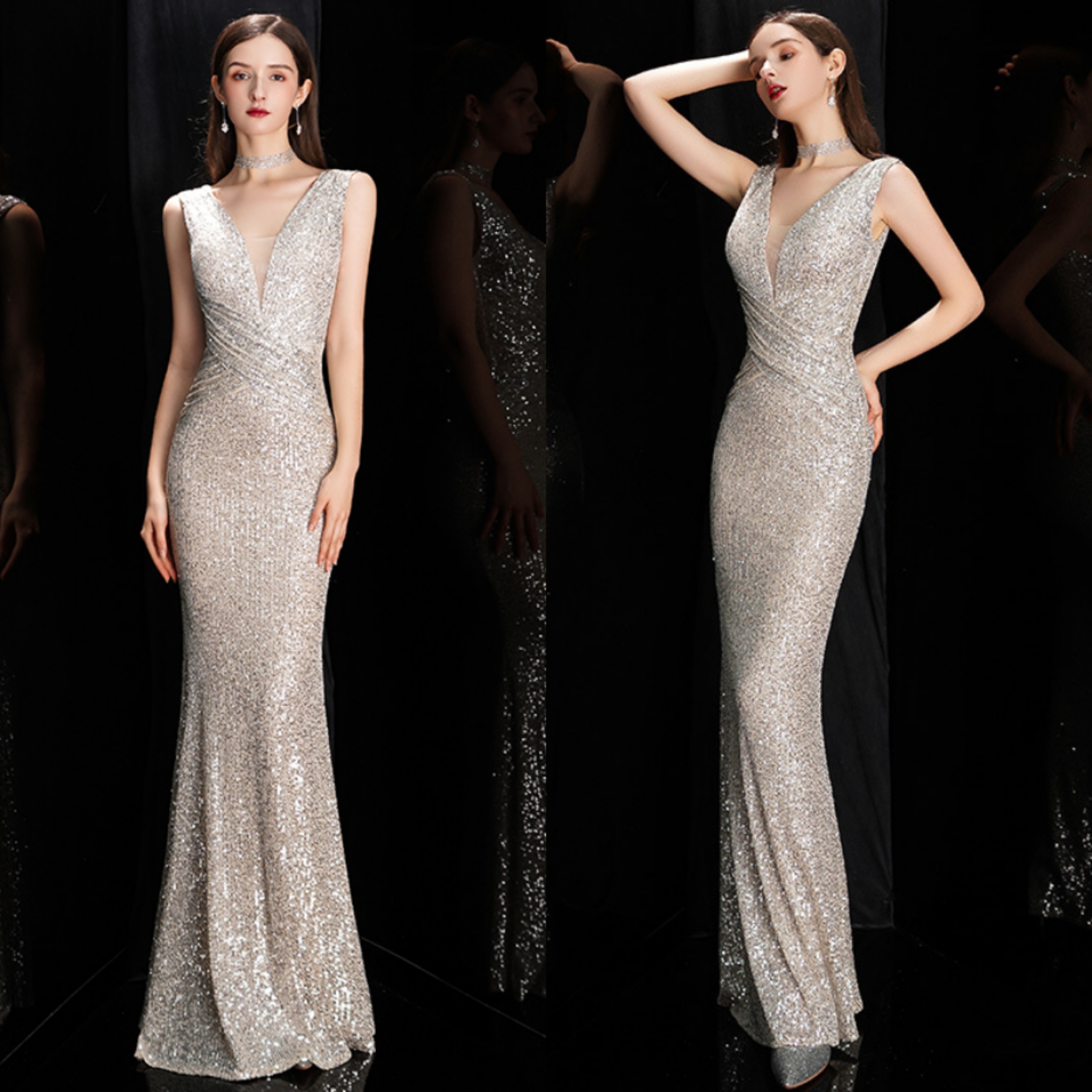 Sexy Split Sequins Evening Dress V Neck Mermaid Prom Dresses Formal Special Occasion Dress