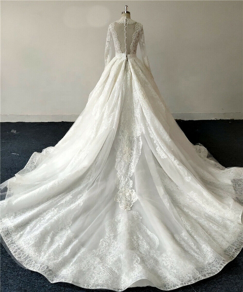 Vintage Muslim Wedding Dress 2022 V Neck Appliques Lace Country Party Wedding Dresses Long Sleeve Church Bridal Gowns Vestidos De Novia Women Arabic R