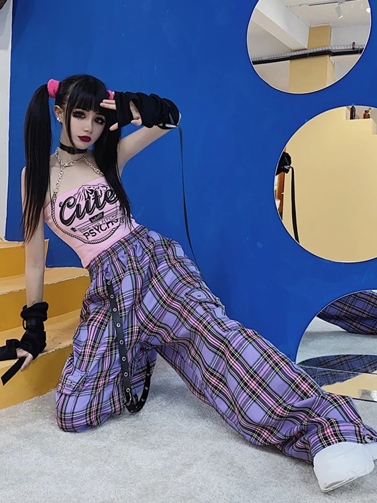 QWEEK Mall Goth Y2K Cargo Pant Hippie Purple Plaid Harajuku Streetwear Chain Checked Trousers Famale High Waist Aesthetic 220325
