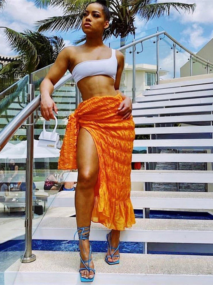 Kliou Pleated Woven Skirt For Women Harajuku Sexy Oversized Casual Clothing Irregular Shape Side Lace Casualwear Female Outfit 220701