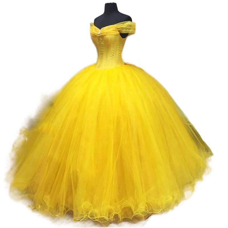 Cinderella Ball Gown Quinceanera Dresses Tulle Corset Princess Brithday Gowns Vestidos 15 Anos Floor Length Off Shoulder Yellow Romantic Debutante Swe