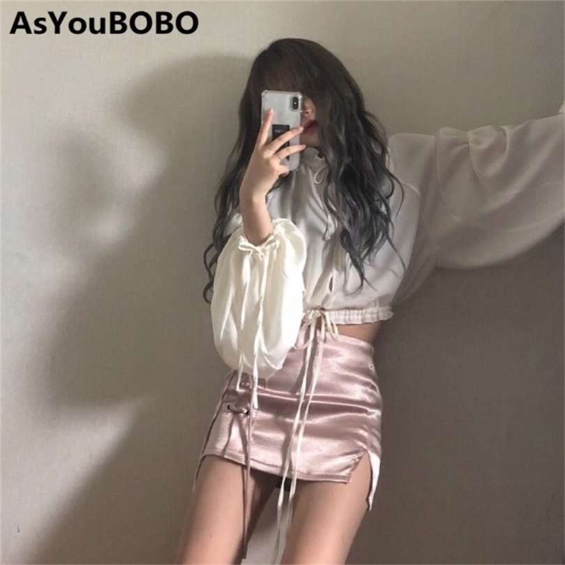 Harajuku korean Japanese style kawaii cute white lace up long sleeve shirts and lace up mini skirts women sets YQ1016 T200325