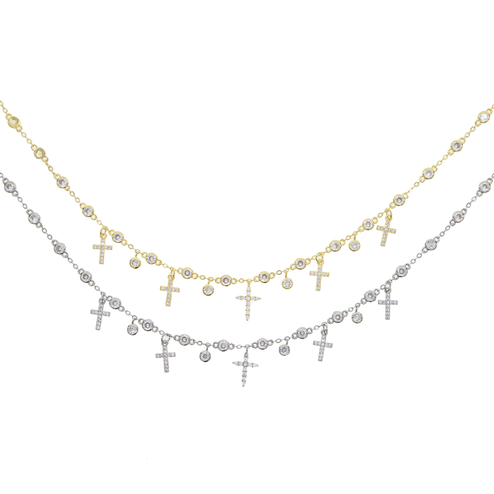 Classic fashion women necklace jewelry 5A cubic zirconia cz station chain cross charm choker necklaces