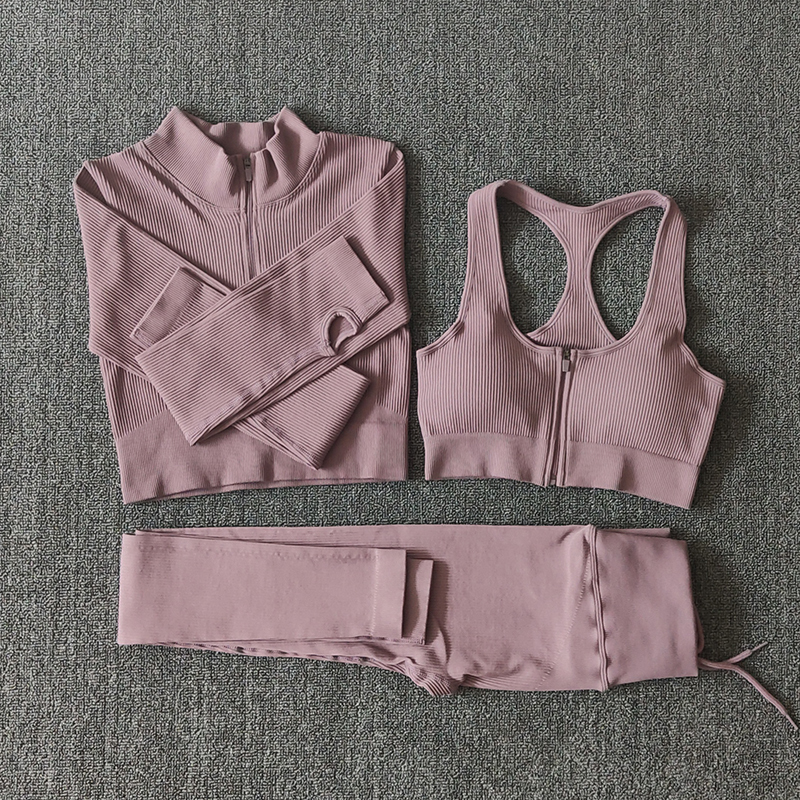 Seamless Yoga Set Zipper Long Sleeve Sport Suit Drawstring High Waist Gym Leggings Workout Clothes For Women Sportswear 220428