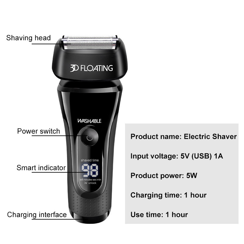 USB Rechargeable Electric Shaver 1 Hour Fast Charge Shaving Machine Men 3D Triple Floating Blade Razor Wet-Dry Dual Use Washable 220322