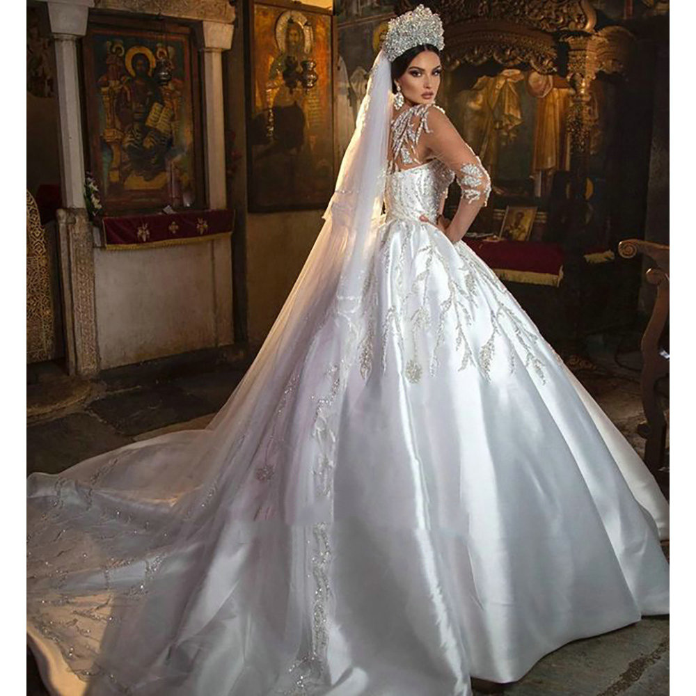 Three Quarter Sleeve Dubai Arab princess Wedding Dress Illusion Crystal Appliques cathedral train Saudi Arabic Bridal Gown