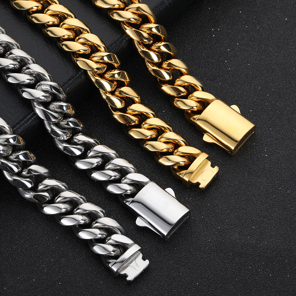 Cuban Link Chain Necklace Bracelet Set 18K Gold Plated Stainless Steel Design Spring Buckle