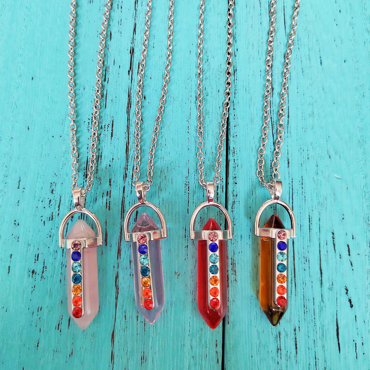 Reiki Healing Stones Necklaces 7 Chakra Colorful Natural Gemstone Hexagonal Prism Bullet Pendulum Jewelry for Women Men Gifts Crystal Rhinestone Penda