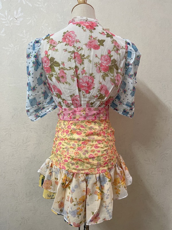 Retro France Short Puff Sleeve Floral Print Hit Color Dress Women Pleated Ruffle Tie Bow Sashes Mini Dresses Holiday 220511