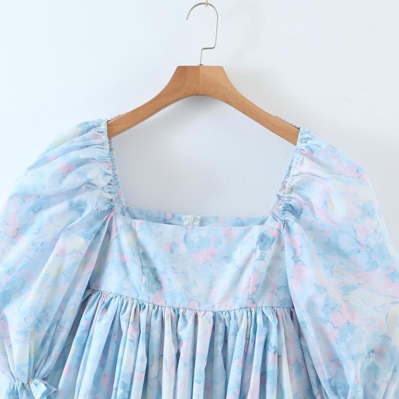 Bright Like Silk BLUE Floral Print Ball Gown Dress Puff Sleeve Retro Women Ruched Pleated Waist Mini Party Dresses Fairy 220511